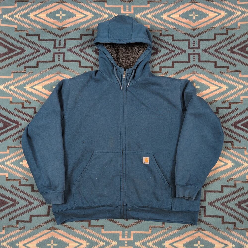 Carhartt Mens Sherpa Lined Hooded Sweatshirt 2XL Blue Distressed Work Y2K VTG